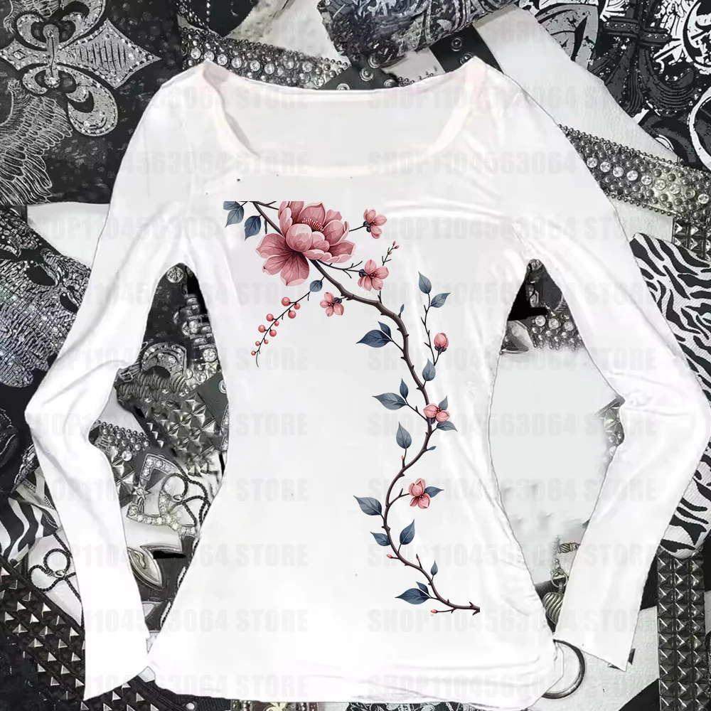 

Y2k White pattern Printing Long sleeve Aesthetic Gothic T-shirts Harajuku Casual Vintage Tops Women Grunge Aesthetic Tees ﻿