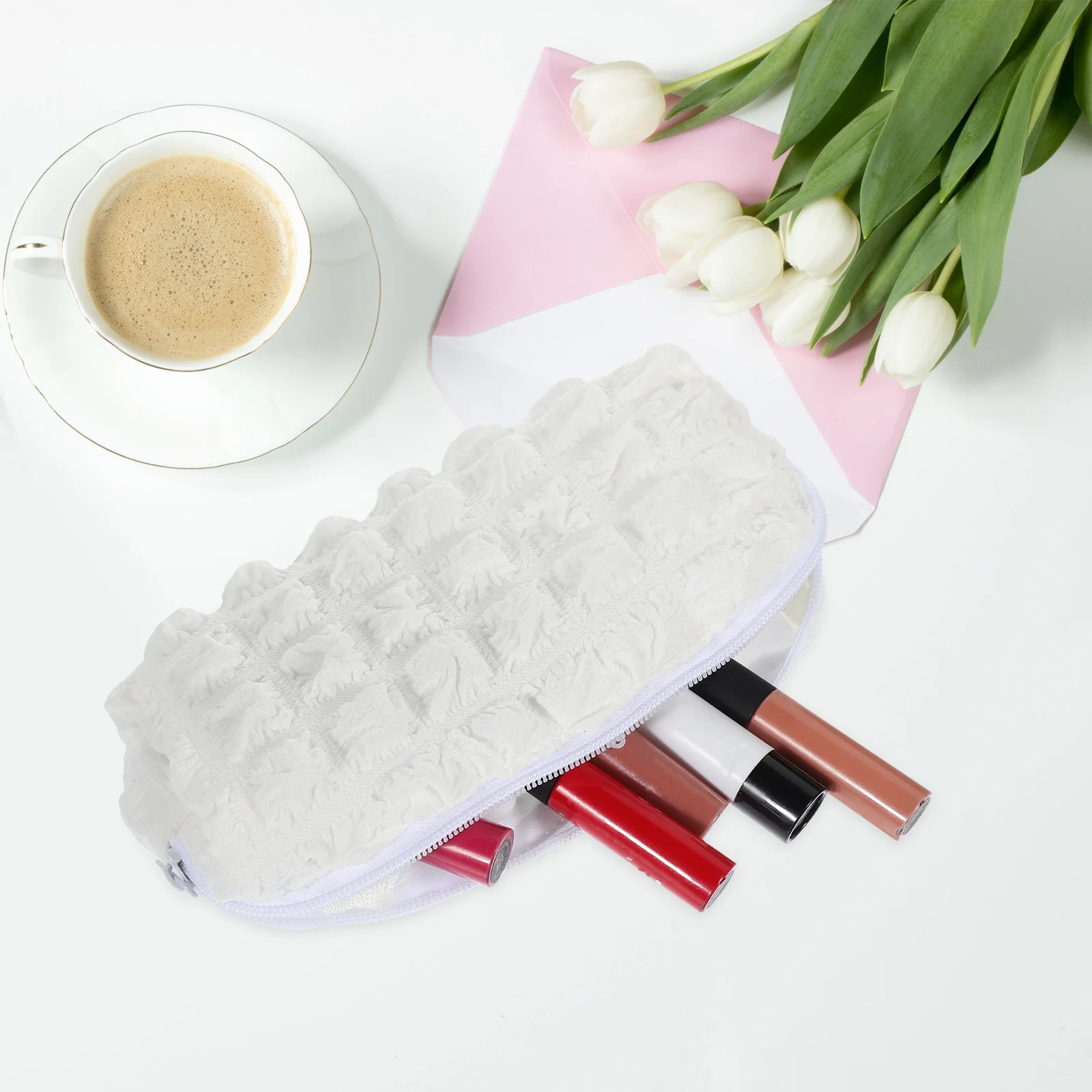 

Puff Makeup Pencil Case Bag Small Stylish Portable Organizer for Women Travel Toiletry Pouch Zipper Storage