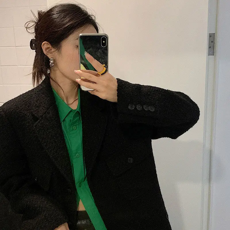 Spring New Green Loose Shirt Tops Ladies Long Sleeve Solid Color Simplicity Blouses Trend Korean Fashion Women Clothing