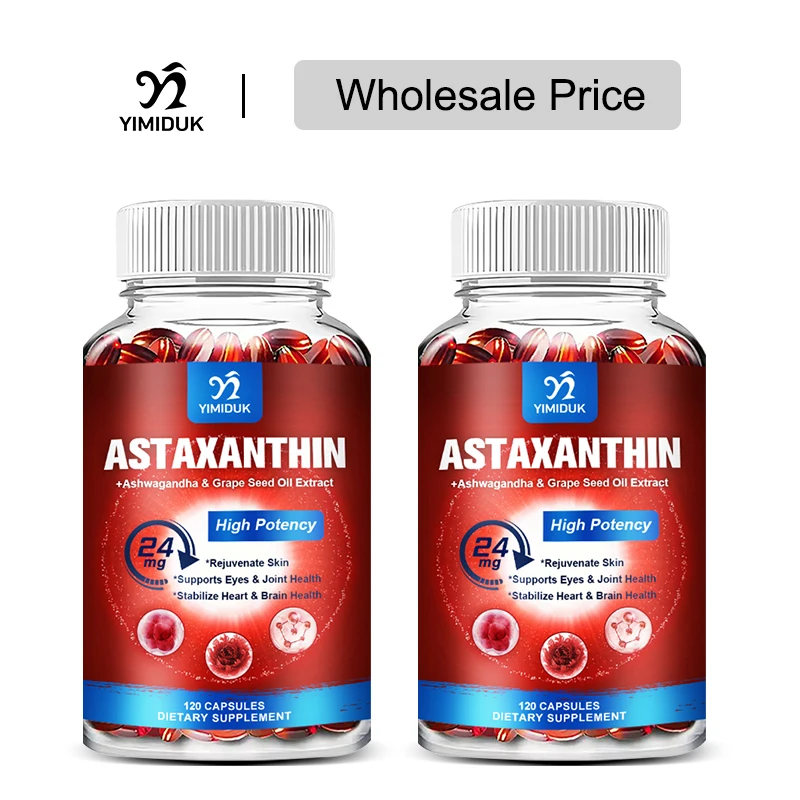 Astaxanthin 24 Mg Capsules, with Grape Seed Oil & Ashwagandha Root Extract, for Healthy Vision, Boosts lmmunity, Radiant Skin
