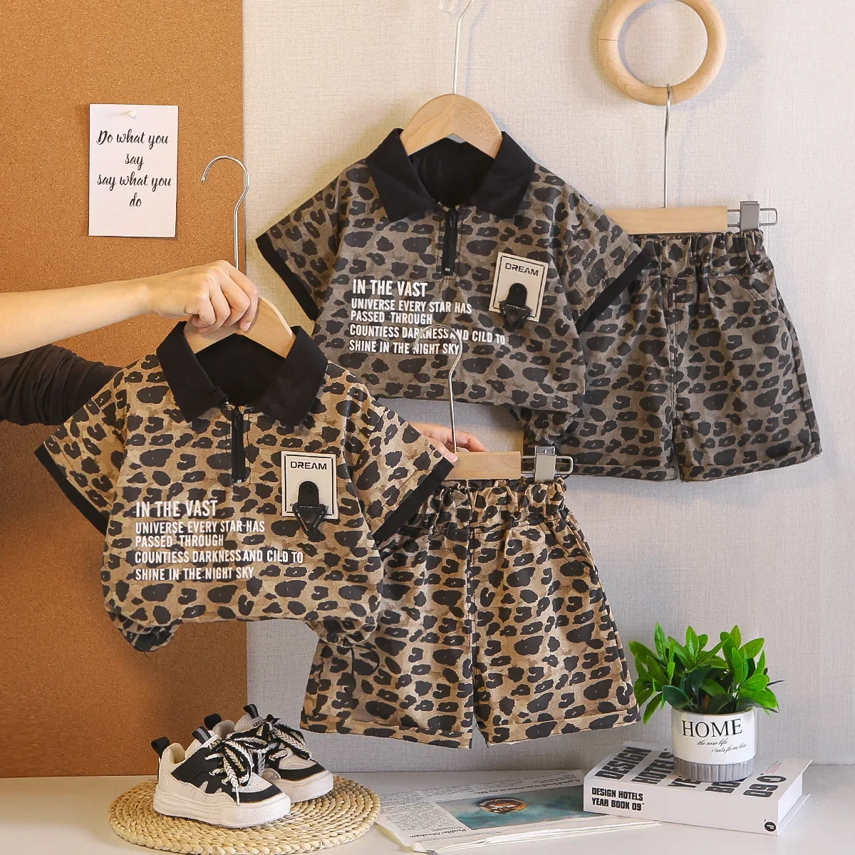 Baby Boy 2PCS Streetwear Outfit Leopard Print Short Sleeve Polo Shirt & Shorts Set with Letter Print for Kids Casual Daily Wear