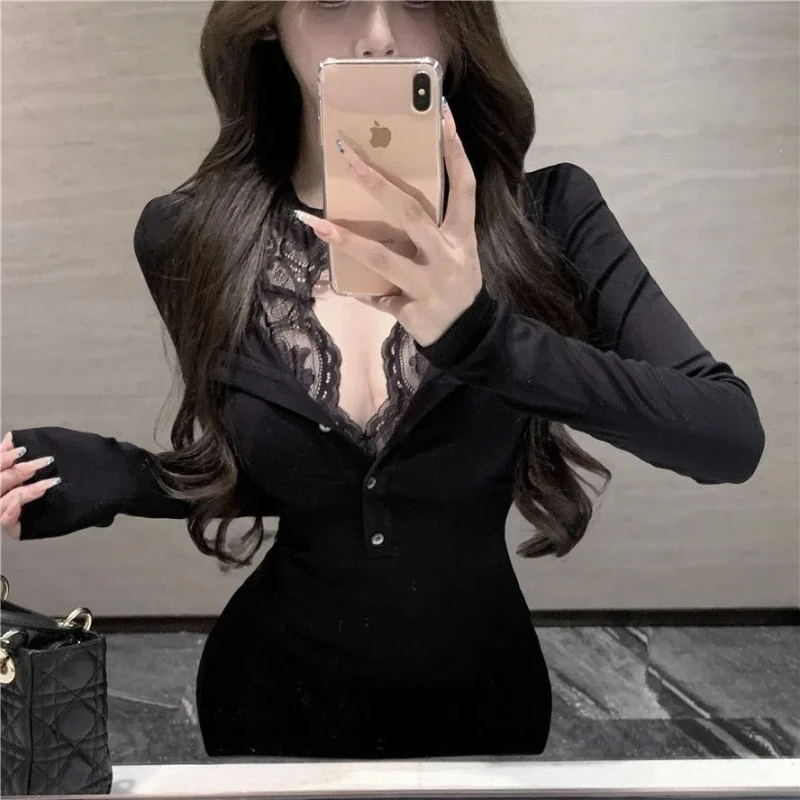 

Sexy Lace Patchwork Fake Two Piece Long Sleeve Tops Spring New Slim V Neck Y2K T Shirts Fashion High Street Trend Women Clothing