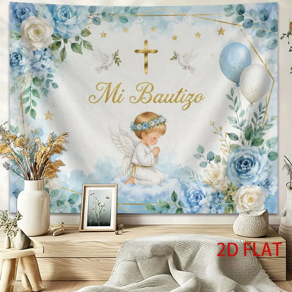 Divine Baptism Tapestry Wall Hanging Blue Floral Watercolor Nursery Decor Angel Christening Banner for Baby Shower Room Art