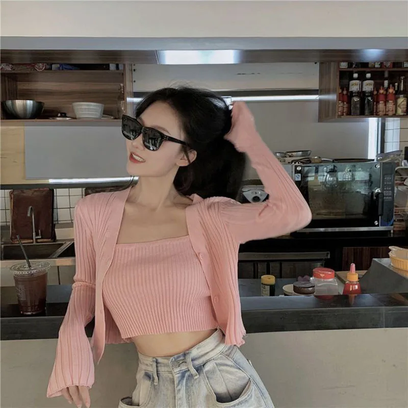 woman Women's Clothing Set 2024 new female Coats ice silk knitted cardigan top thin camisole vest two piece set fashion Jackets