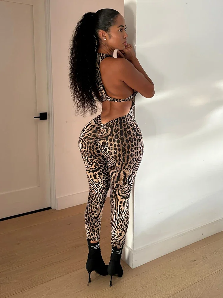 Leosoxs Tuta con stampa leopardata Donna Coquette Tendenza estiva Midnight Club Attività Tuta da allenamento elasticizzata fitness senza maniche