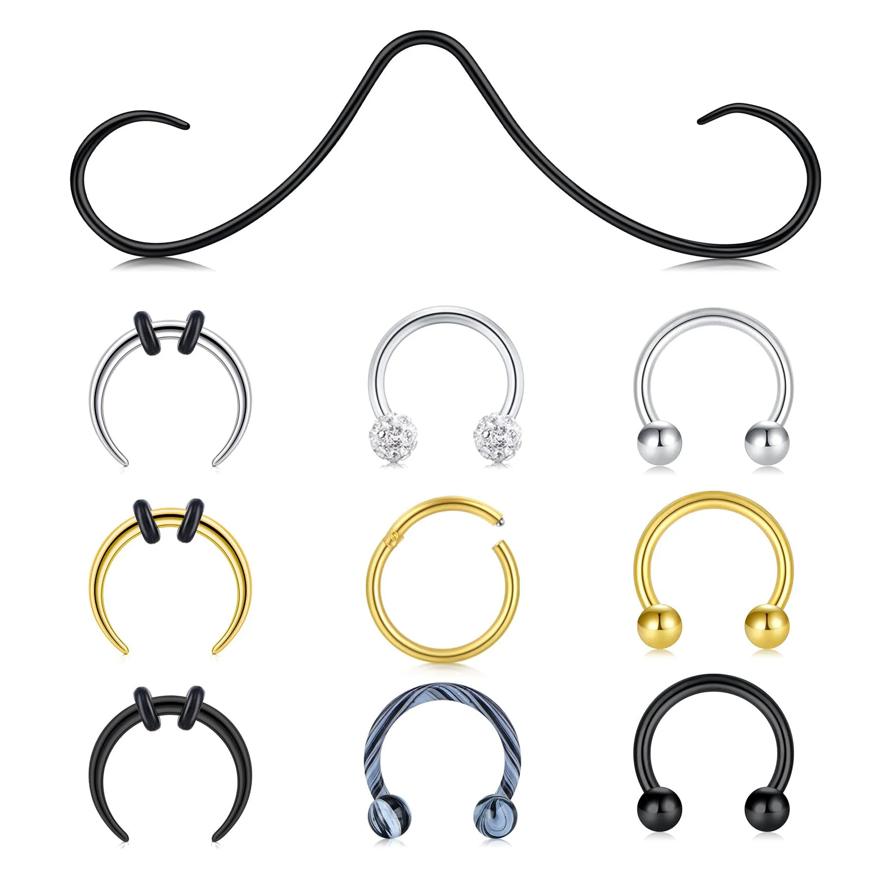 10Pcs Set Septum Rings Jewelry Mustache Style Surgical Steel Nose Rings Lip Cartilage Piercing For Women and Men 16 Gauge