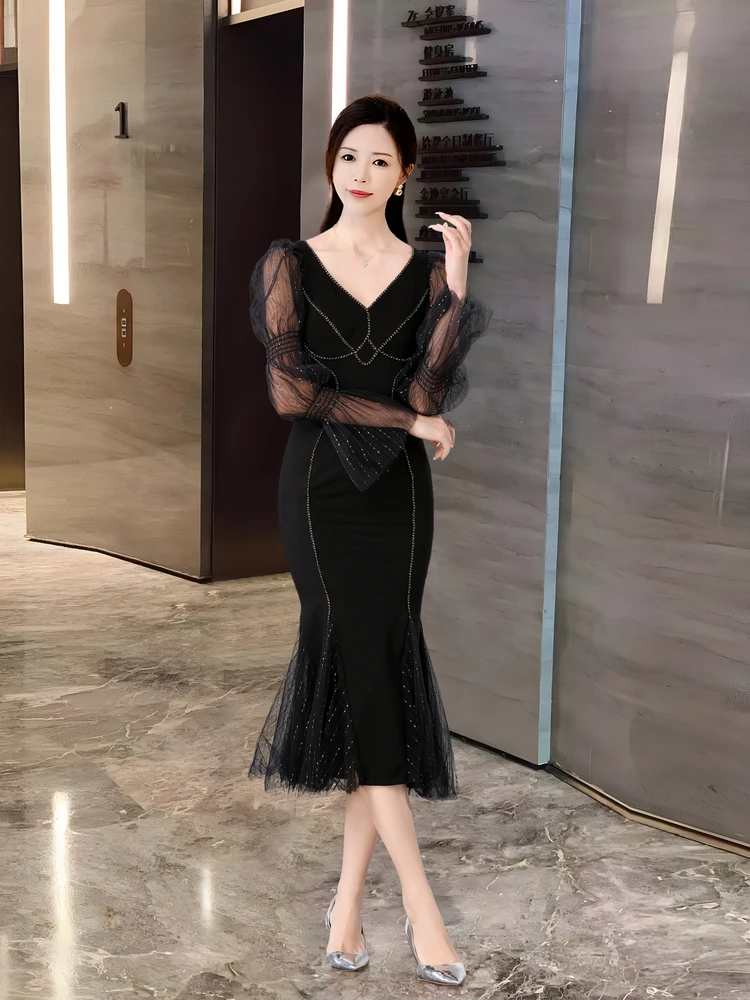 Elegant Prom Long Dress For Women Perspective Mesh Spliced Gold Silk Embroidery Fishtail Robe Puff Sleeve Elastic Party Vestidos