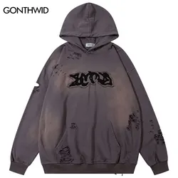 Vintage Ripped Hoodie Y2K Streetwear Hip Hop Embroidery Letter Patch Distressed Hole Washed Hooded Sweatshirt 2023 Punk Pullover