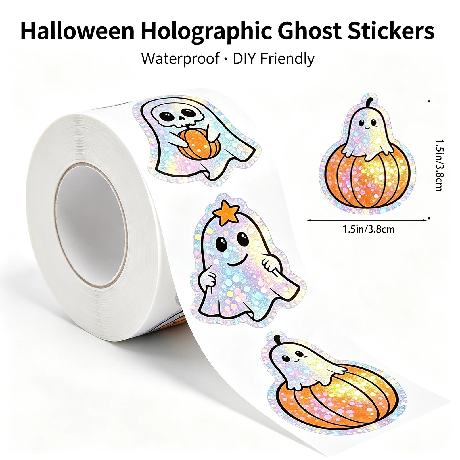 300Pcs 1.5In/3.8Cm Halloween Ghost Pumpkin DIY Waterproof Stickers Halloween Party Atmosphere Stickers Envelope Decoration Packaging Label Stickers Glitter Ghost Sticker Roll Behavior Reward Stickers