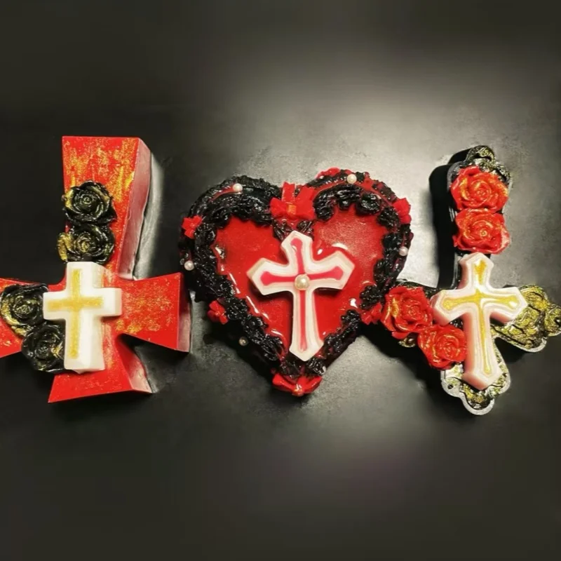 Handmade Gothic Heart Cross Squishy Toy Black Red Bow Pearl Decor Slow Rising Stress Relief Squeeze Toy Unique Desktop Decor