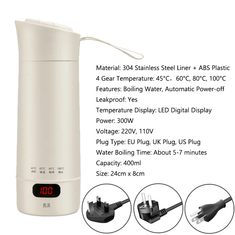 220V 110V LED Display Electric Water Bottle 4 Gear Thermostatic Hot Water Heating Cup Travel Boiling Water Thermos EU UK US Plug