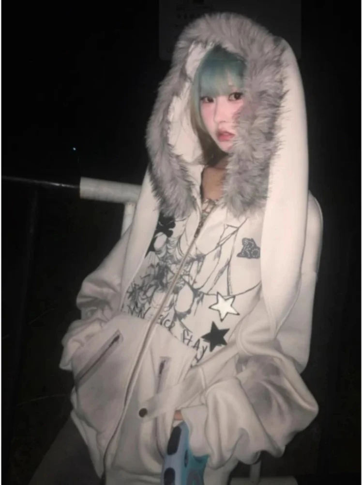 

Retro Subculture Jacket Gothic Pattern Rabbit Ear Fur Collar Hooded Jacket American Street Y2K Fashion Top Sweatshirt
