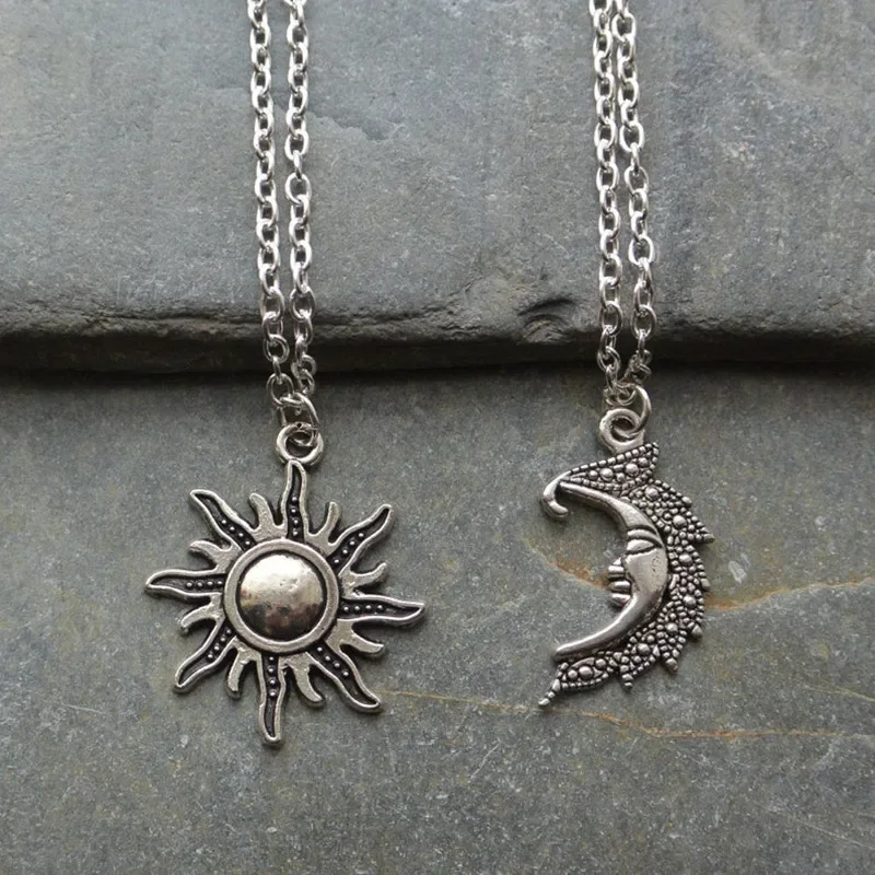 New Silver Color Sun And Moon Necklaces Chain Pair Of Celestial Best Friends Gift For Friend Long Necklaces Pendants Men Women
