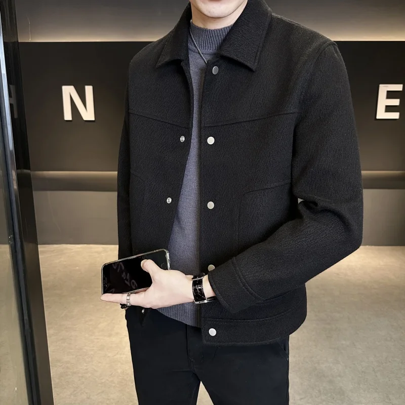 

Модная повседневная мужская шерстяная куртка-пальто с отложным воротником, осенняя новинка, из полиэфирного волокна, молодежная одежда