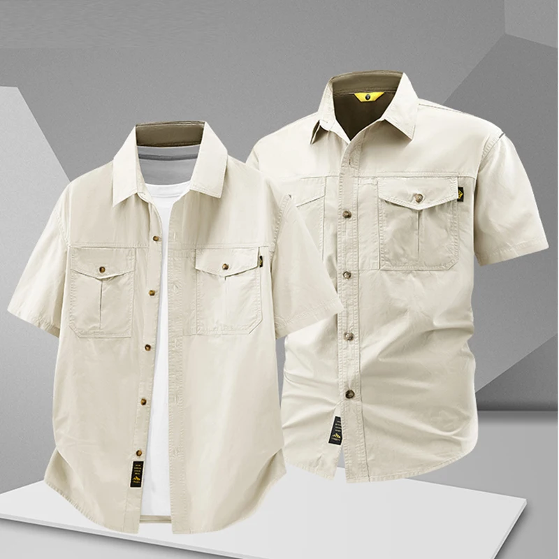 Men Summer Casual Work Shirt Short Sleeve Solid Color Cargo Pocket Turn Down Collar Outdoor Hiking Tactical Male Shirts M-5XL