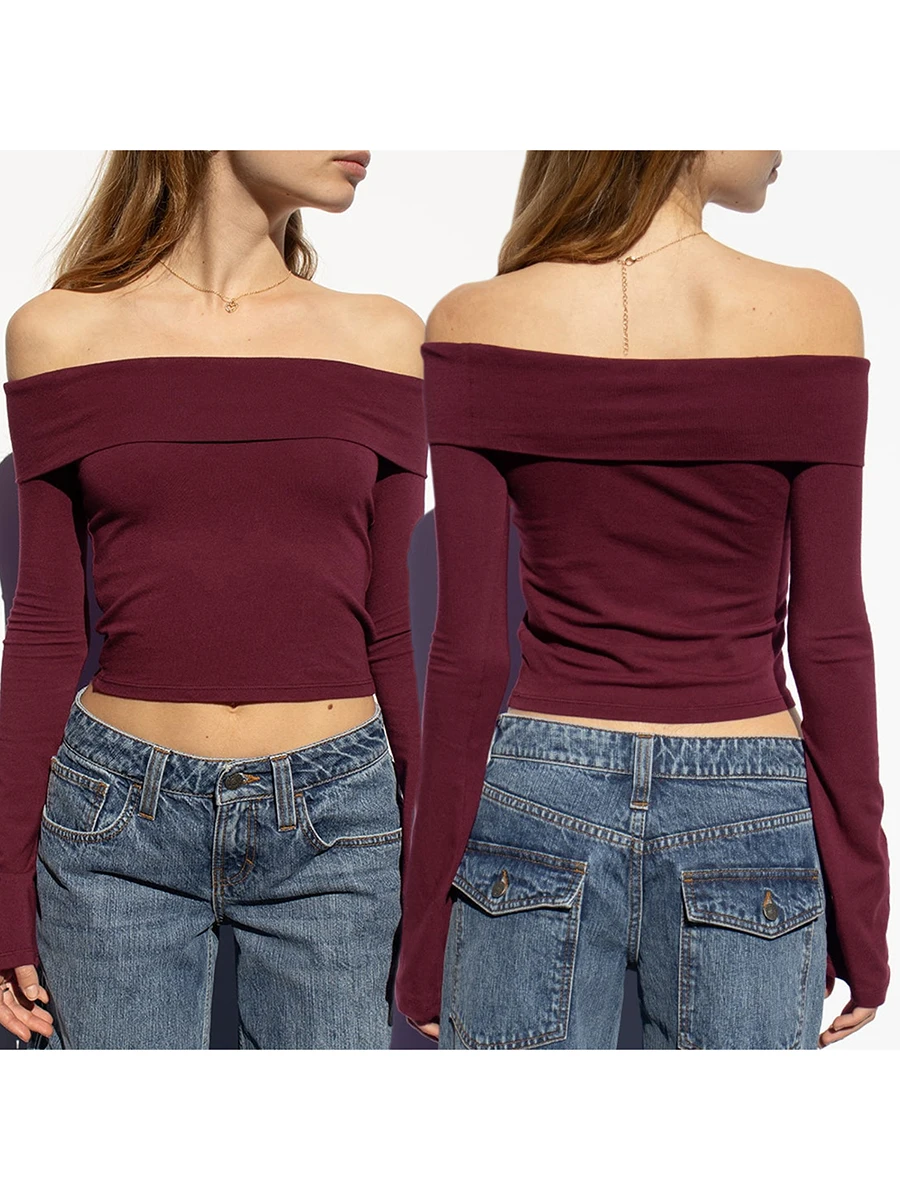 Women Fall Off Shoulder Crop Tops Flare Long Sleeve  Fit Show Navel Solid T-shirts