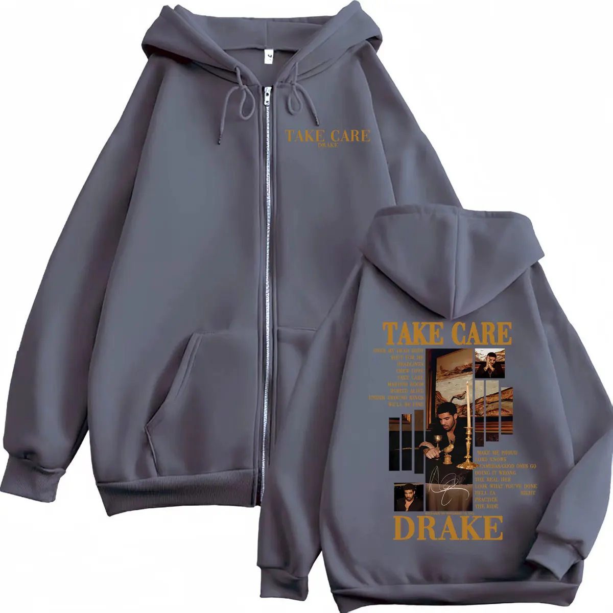 Rapper Drake Take Care Album Merch Zipper Hoodies Hip Hop Vintage Zip Up Hooded Sweatshirts Men Women Casual Fashion Pullovers