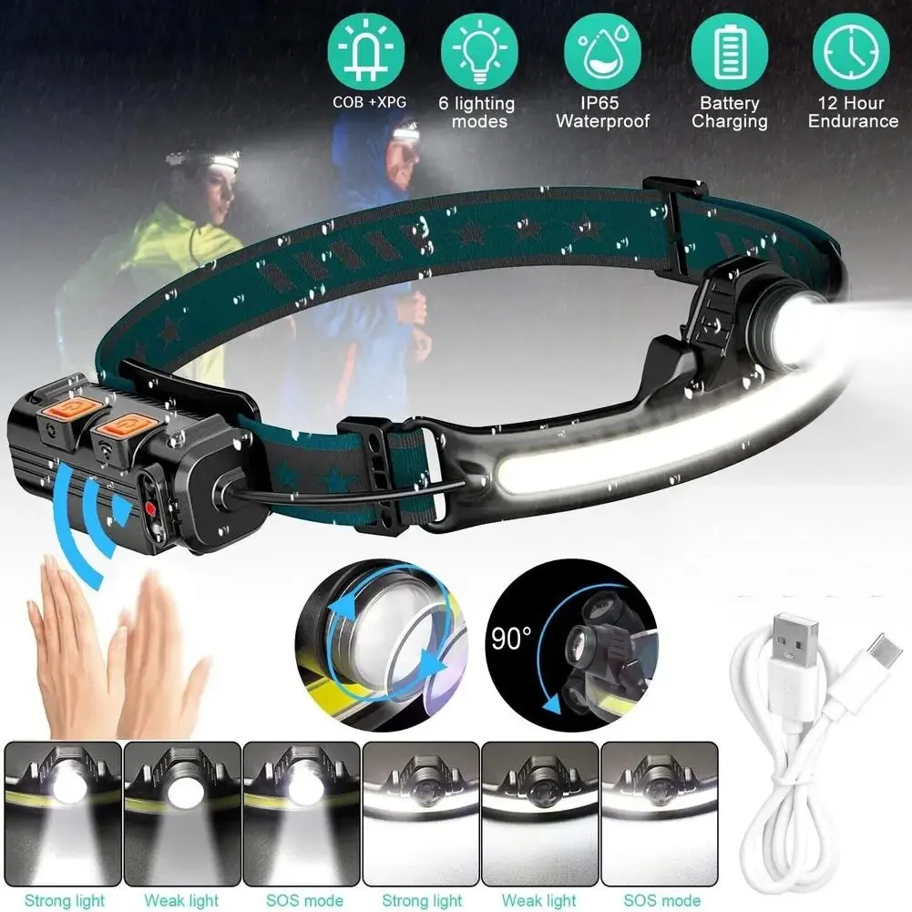 モーションセンサー付きズーム可能cob LEDヘッドランプ、USB充電式トーチ、ヘッドライト懐中電灯、6モード、270 ° 、90 ° 調整可能な角度、10W