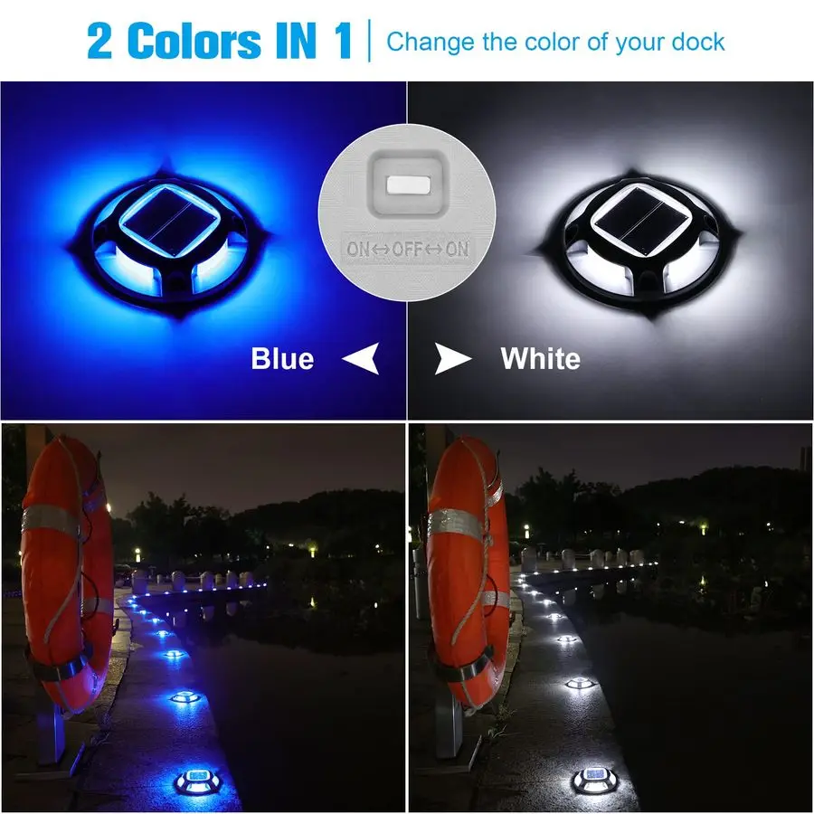 Luces marinas de muelle solar, paquete de 12, 2 colores en 1, luces de cubierta de marcador de entrada impermeables con energía solar LED IP68 para exteriores para advertencia