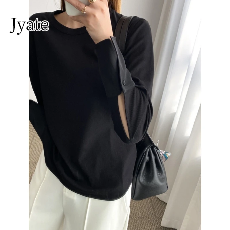 

Spring Patchwork Women T-shirts Casual Long Sleeve Fahsion Tshirt Solid Color Round Neck Thread Cotton Tees Femme 2024 New