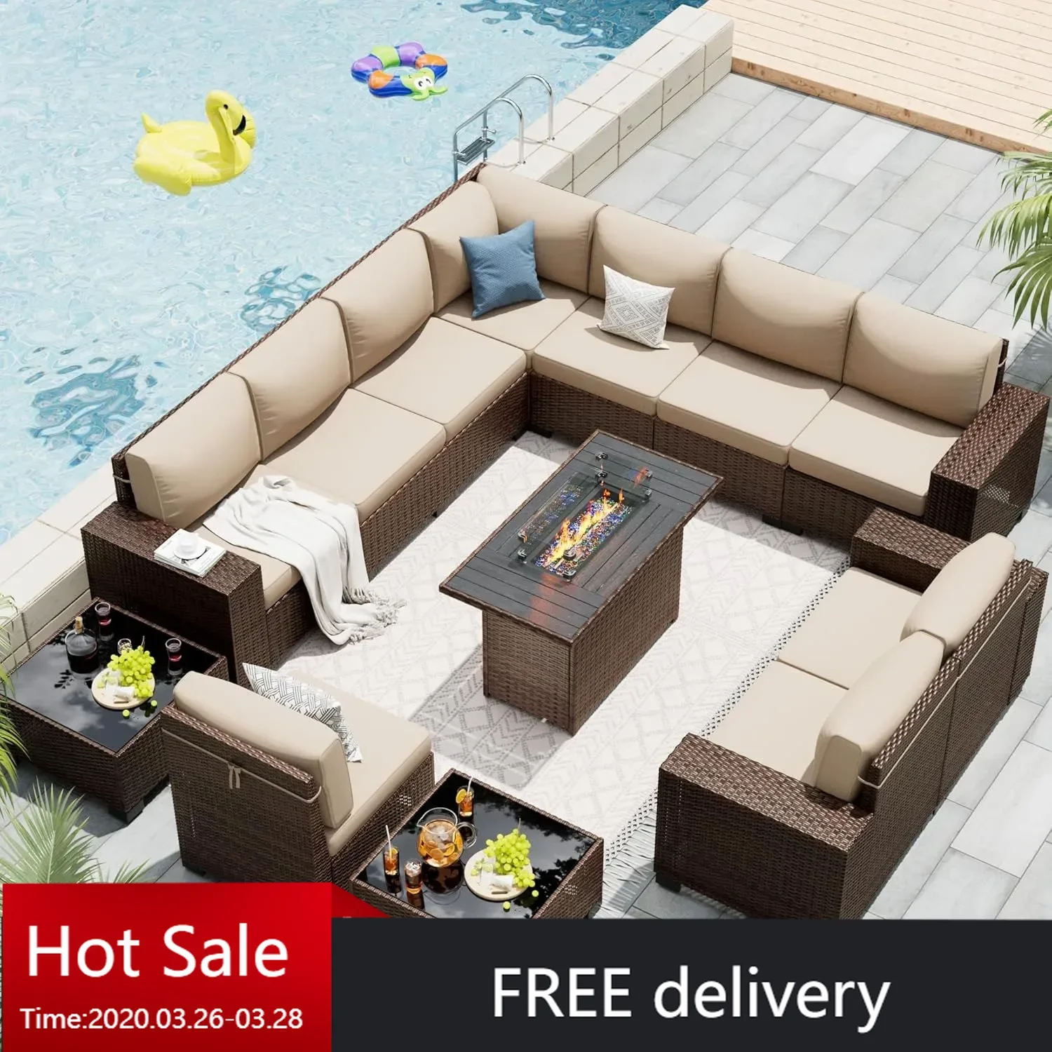 Patio Furniture Set with 44'' Propane Gas Firepit Table, 13 PCS Outdoor Sectional Conversation Sets, Beige (Waterproof Covers )