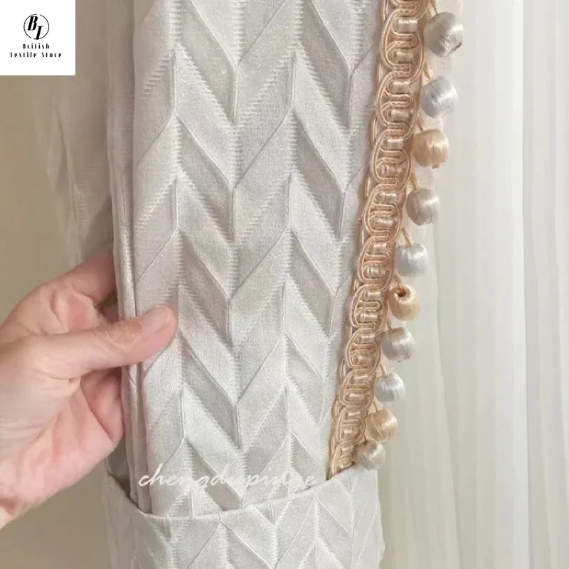 

Custom Size！！Cream Relief Fishbone Lace Thickened Curtains for Living Room Bedroom French Window White Window Screen Decor