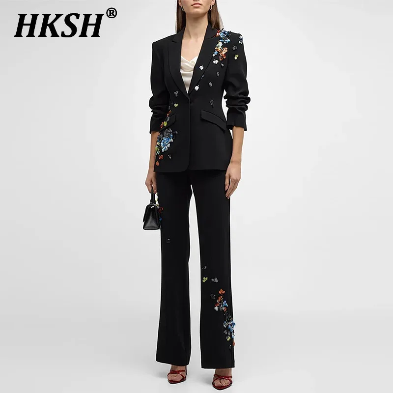 HKSH 2024 Spring Autumn New Women's Tide Star Temperament Color Sequin Single Button Blazer Long Suit Pants Two-piece Set HK3234