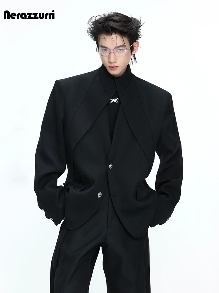 

Nerazzurri Spring Autumn Black Blazers for Man Shoulder Pads Single Breasted Chic Fake 2 Pieces Punk Style Clothes Menswear 2026
