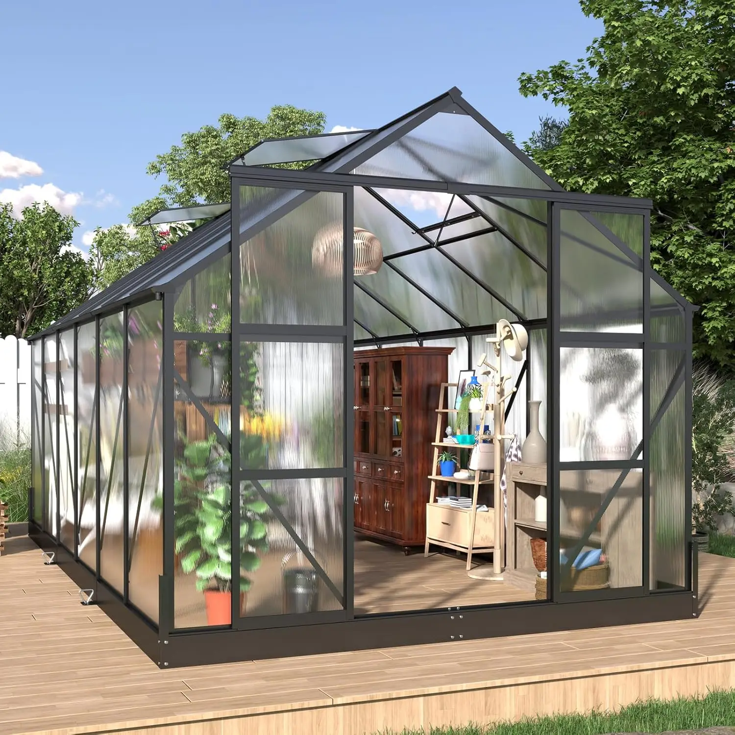 

8x14x7.5 FT Polycarbonate Greenhouse with 2 Sliding Doors, Walk-in Premium Greenhouse with 4 Vent Window, Storage Shed Outdoor