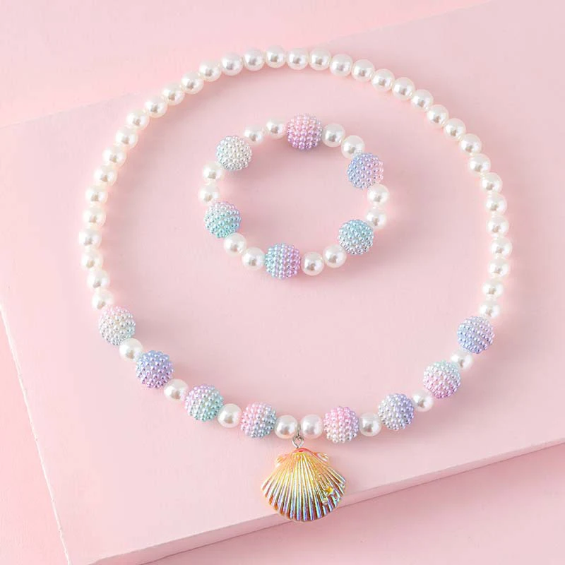 Juego de collar y pulsera con colgante de concha de princesa para niñas y mujeres, joyería de fiesta, regalo de cumpleaños, 2 piezas por juego