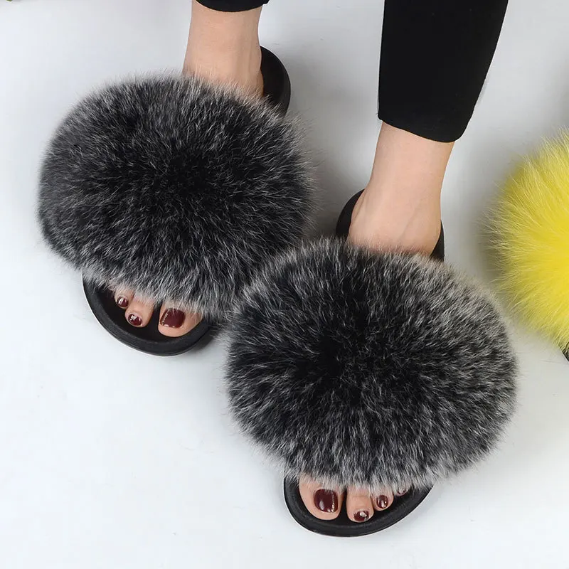 Women Real Fur Slippers Summer Indoor Fox Fur Slides Cute Non-slip Furry Slippers Woman Flat Floor Home Shoes Ladies Flip Flops