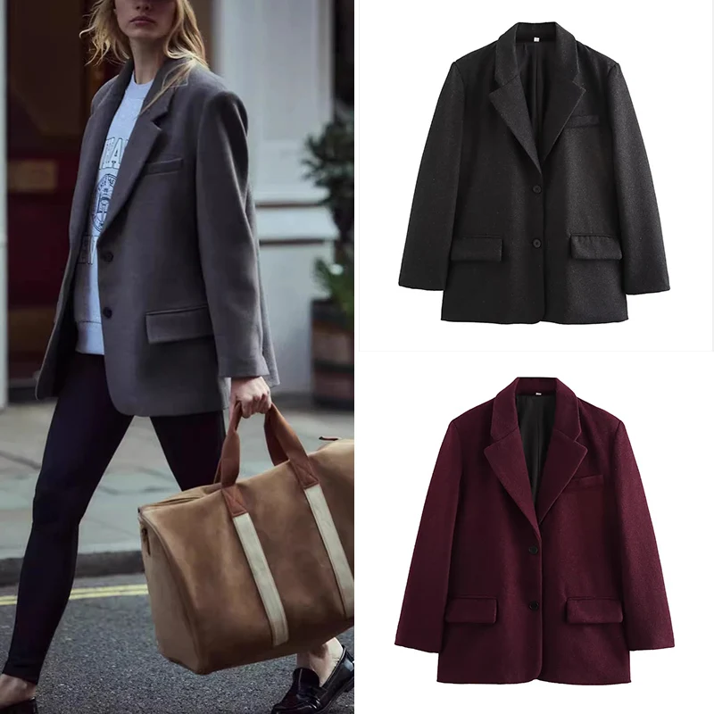 

Fall 2025 Women's Loose Fit oulder Pad Straight Leg Suit Jaet Single Button Notch Collar Casual Commute Sle Z