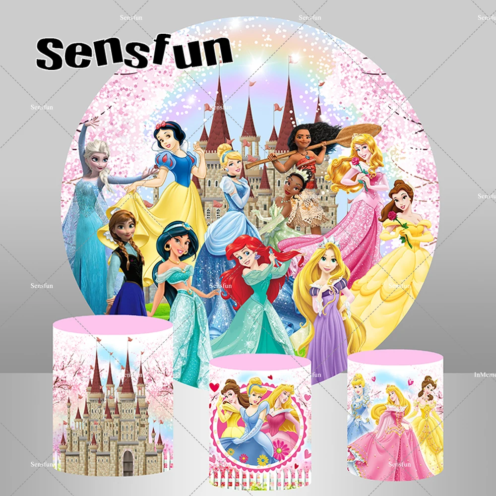 城プリンセスラウンド背景カバー女の子ベビーシャワー誕生日パーティー写真撮影の背景ピンクフラワーツリー台座カバー