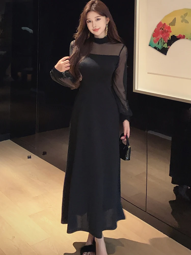 Vestido largo Sexy transparente de malla con parches negros para mujer, vestido de noche Vintage Hepburn 2025, vestido de fiesta ajustado coreano para Otoño e Invierno