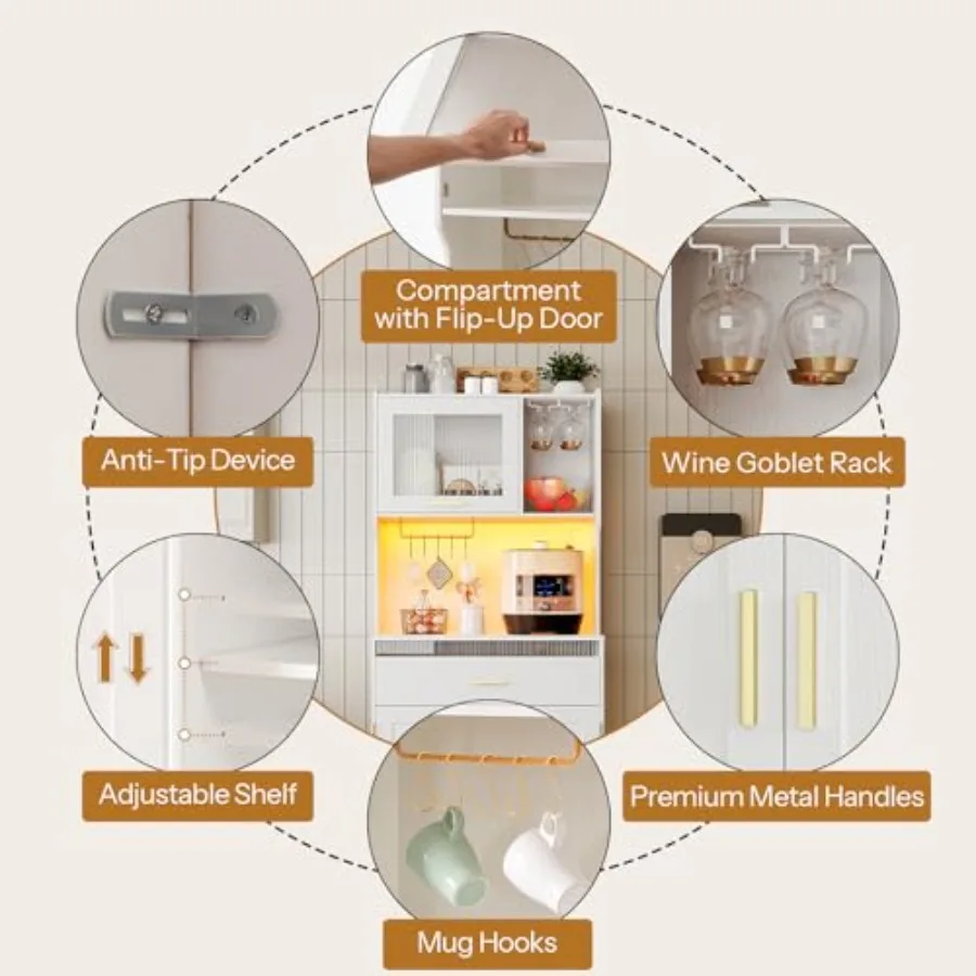 خزانة مخزن 67 خزانة تخزين مخزن المطبخ مع أضواء LED ومحطة شحن خزانة القفص الحديثة مع ستان الميكروويف