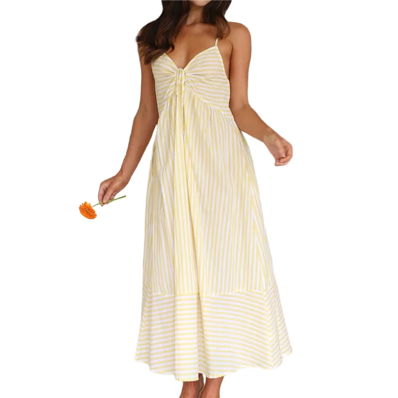 

ABRT-Women's Summer V-Neck Maxi Dress Striped Holiday Bohemian Beach Spaghetti Strap Sundress Back Tie