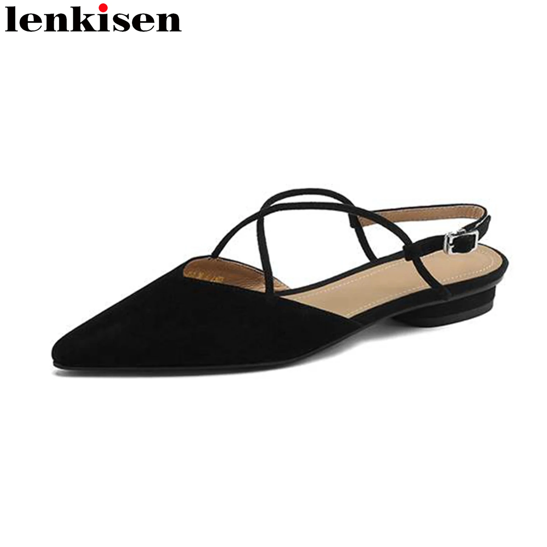 

Lenkisen Genuine Leather Pointed Toe Summer Shoes Handmade Buckle Straps Chunky Low Heels Slingback Dress Concise Women Sandals