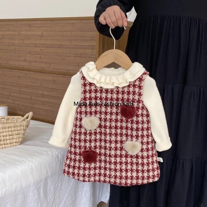 1-8Y Kids Winter Fleece Dress with Love Print Plaid Vest Dress for Girls Warm Thickened Casual Outfit 73-120CM
