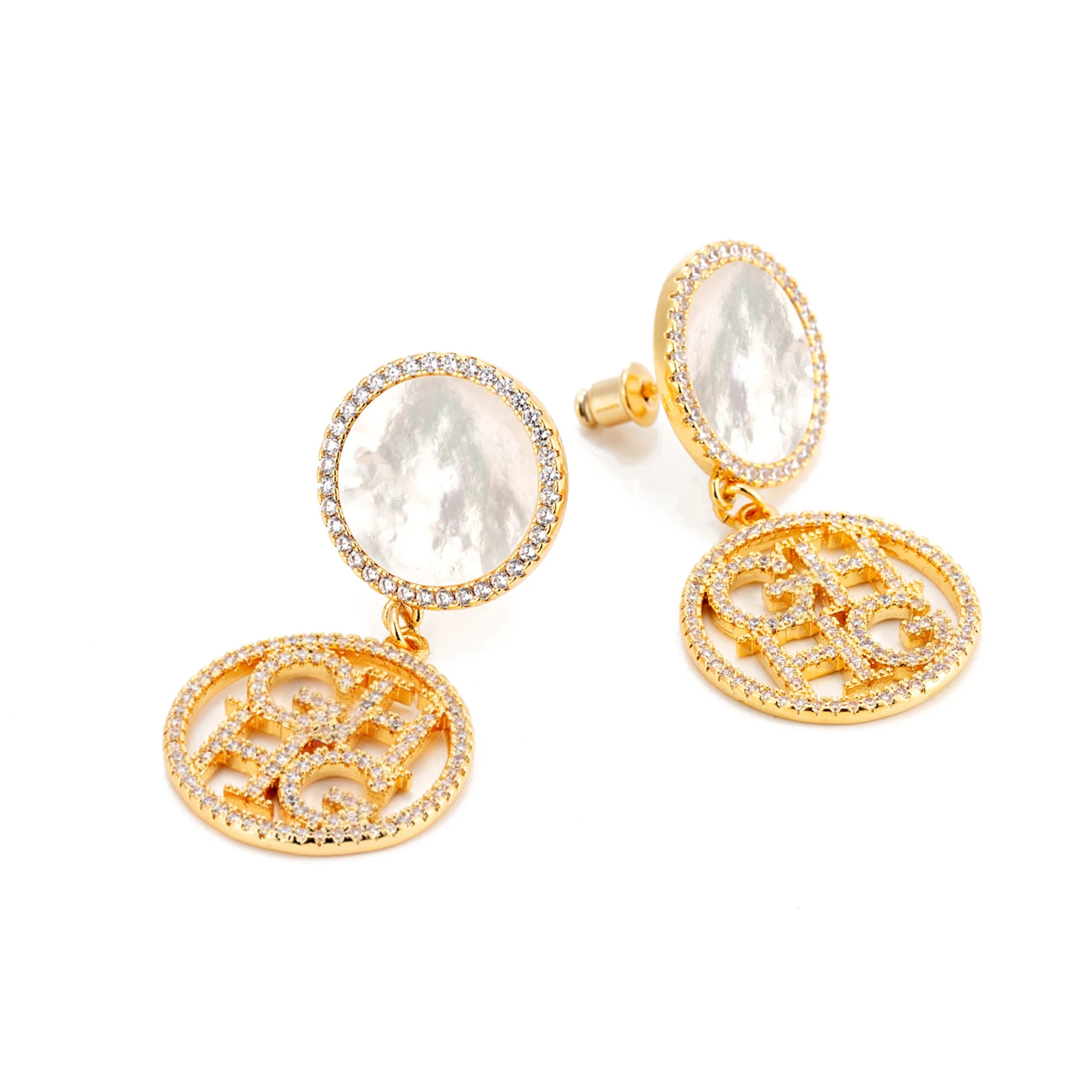 Women Brass Drop Earrings Double Layer With Zircon Resin Shell And Letter Cutout Pendant Light Luxury Jewelry Gift