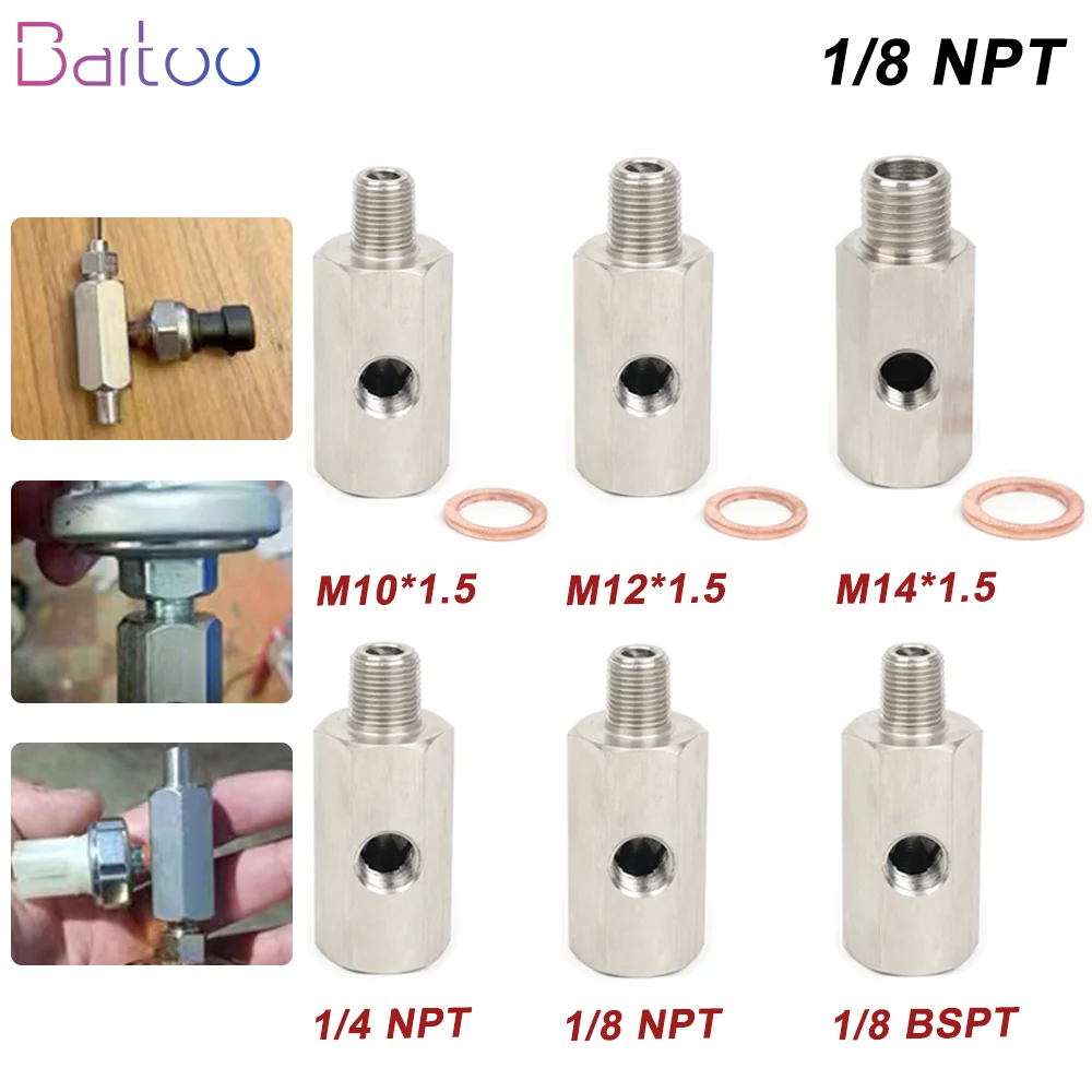 

Side Holes Oil Pressure Sensor Connector 1/8 NPT Female To 1/4NPT 1/8NPT 1/8BSPT M10 M12 M14*1.5 Feed Line Gauge Tee Adapter