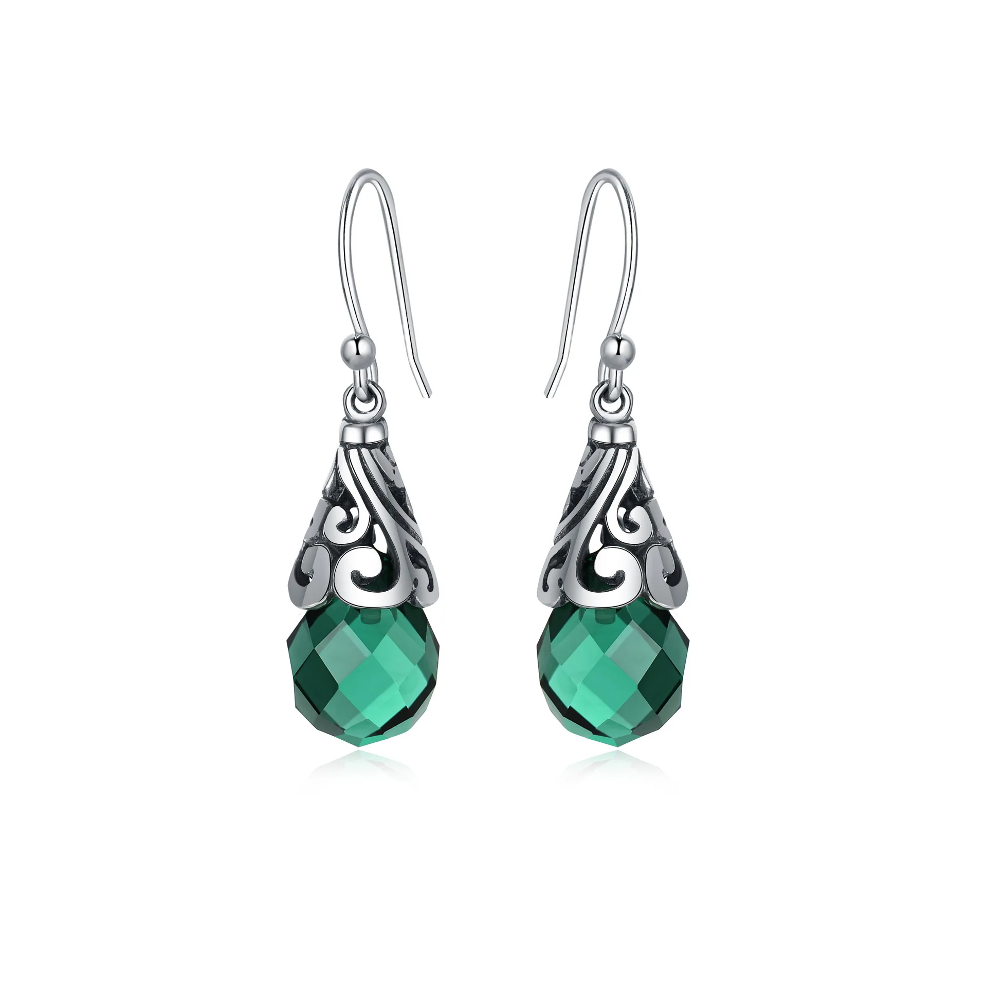 BOCAI 925 Sterling Silver Drop for Earrings for Women Retro Hollow Flowers Inlaid Tangent Plane Green Crystal Ear Drop  Jewelry