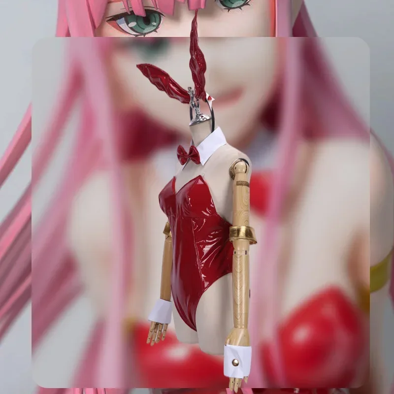 Kostum Cosplay Anime DARLING Nol Dua Gadis Kelinci 02 Jumpsuit Wanita Seksi Setelan Kulit Merah Pakaian Halloween MN1