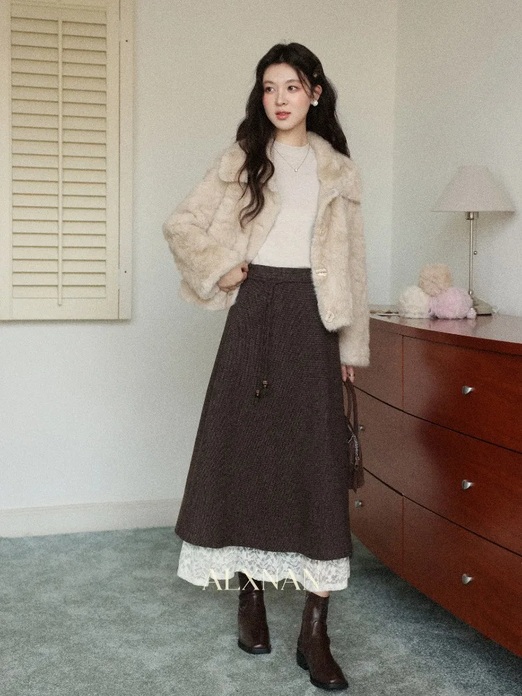 ALXNAN Plus Size Women's Midi Skirt 2026 Lace Patchwork Brown Elegant Vintage Fashion Casual Long A-line Skirts Female D59519