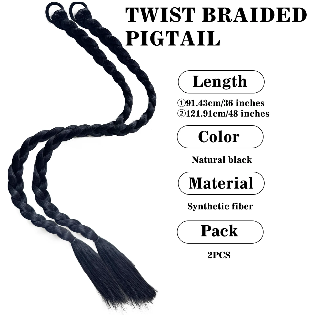 2Pcs Long Thick Braided Ponytail Hair Extensions Synthetic Elastic Hair Braid Wig Boxing Braids Hairpiece For Women Daily