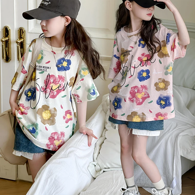 

summer new 100% cotton teenager Girls Flower T-shirt Leisure printed round neck junior kids top tee kids clothes children blusas