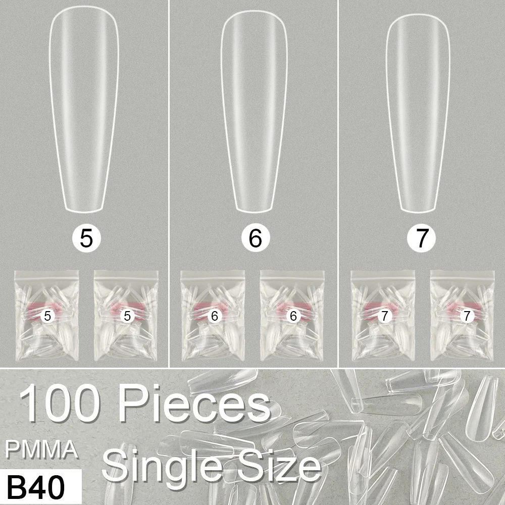 Faux ongles transparents en PMMA B40, forme cercueil longue ou ballerine, lot de 100 pièces en taille unique, recharge pour ongles artificiels, tailles 5, 6, 7
