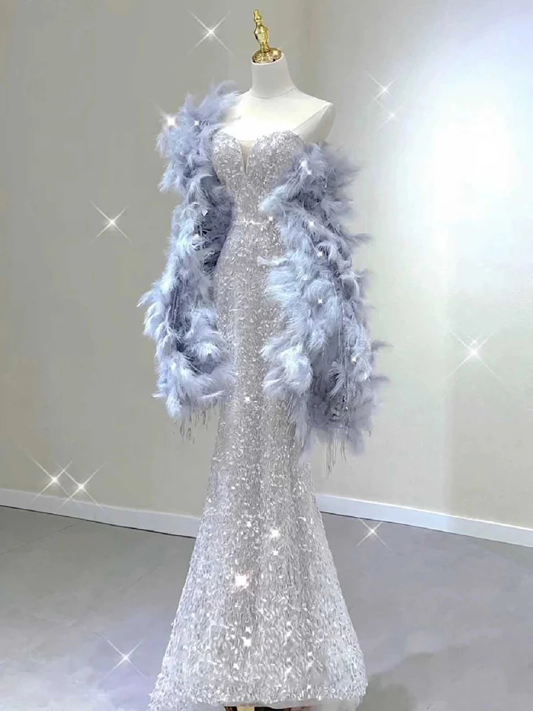 

Engagement Sexy Beaded Fi Tail Gown with Feathers Long Evening Dr Wedding Dr for Women mid Waist Sexy Strapl Dr