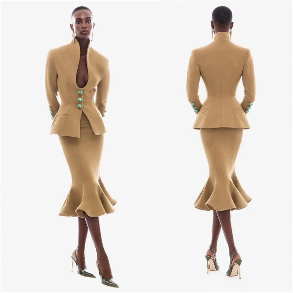 Fashion Women 2 Pieces Skirt Suits Stand Neck Knee Length Mermaid Skirts For Formal Evening Party Gala Ladies Wear Customized