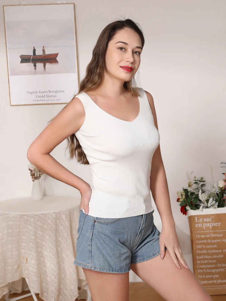 Knitted Women Tank Top Underwear Sexy Padded V Neck Backless Crop Tops Camisole Female Sleeveless Solid Intimate Lingerie Tops