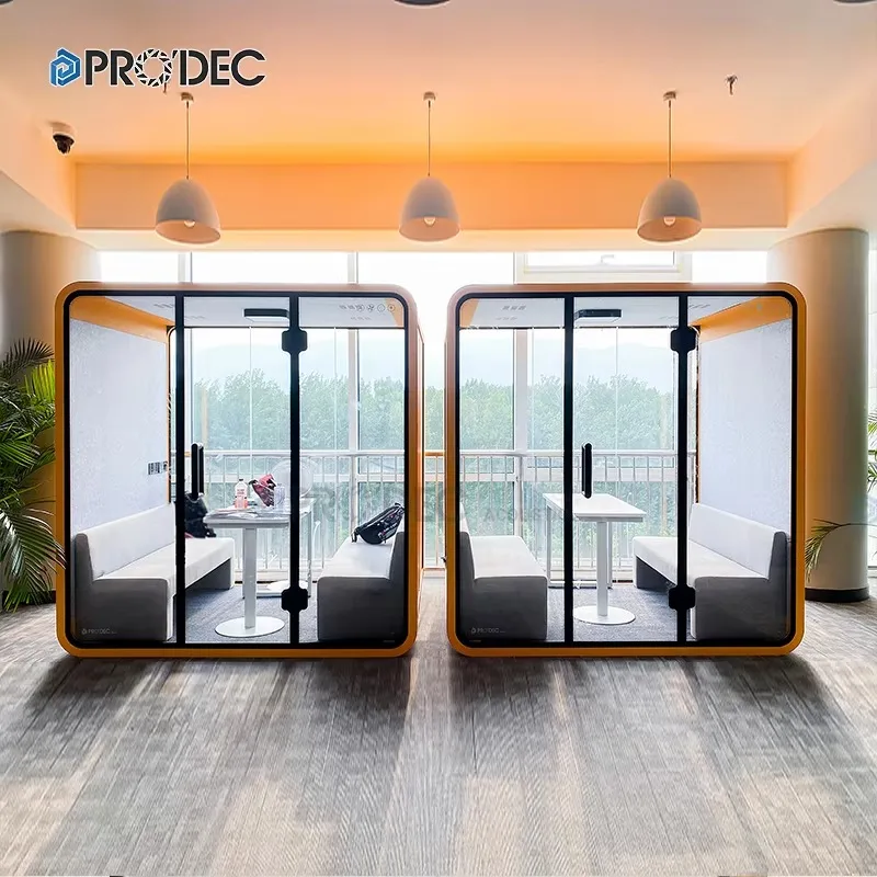 Office Acoustic Privacy Booth Two People Soundproof Meeting Pod Tempered Glass Movable Cabin With Casters